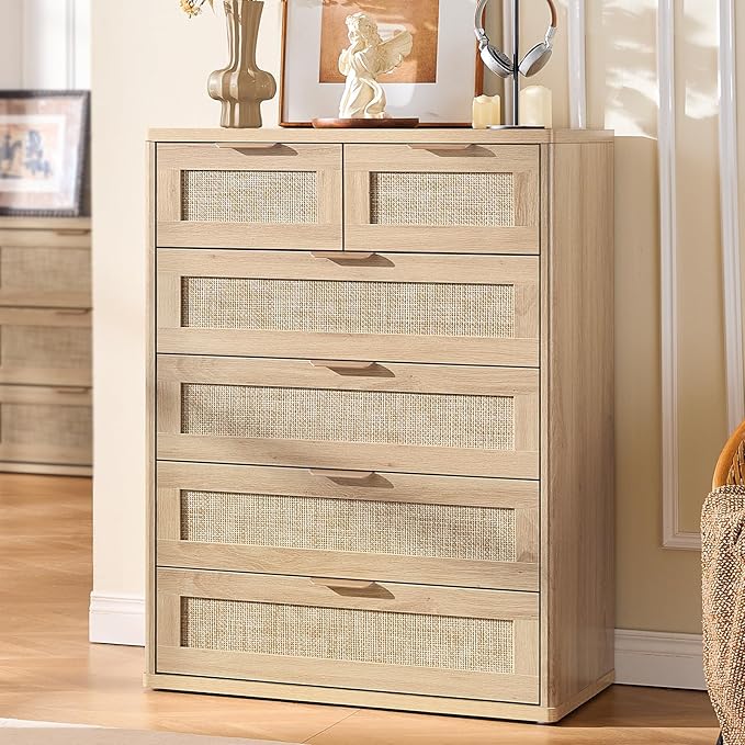 LEYAOYAO Rattan Dresser for Bedroom Set of 2, 41" Tall Chest of Drawers, Modern 6 Drawers Boho Dressers with Storage, Light Oak Dresser Wooden Closet Organizer for Living Room, Hallway, Natural Wood