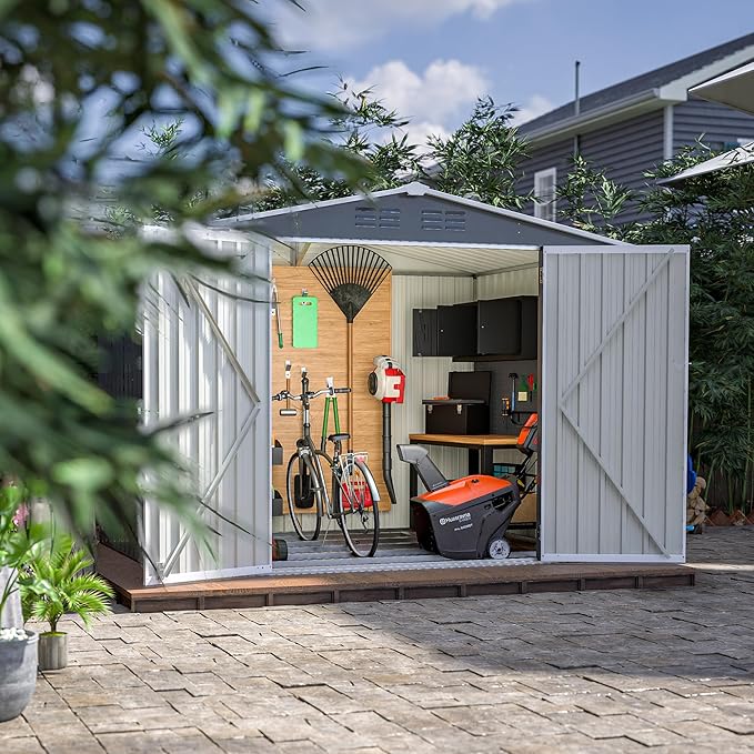 8 x 6 FT Outdoor Storage Metal Shed, Bike Garden Tool Shed with Slooping Roof, Lockable Doors and Aluminum Frames, Shed Easy to Assemble for Garden, Patio, Lawn, Grey