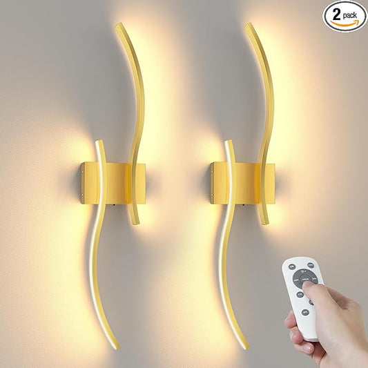 NIORSUN 27.6 Inch Battery Operated Wall Sconce Set of 2, Gold Modern Rechargeable Wall Lights with Remote, 3CCT Dimmable Wireless Wall Lamp for Living Room Bedroom Hallway