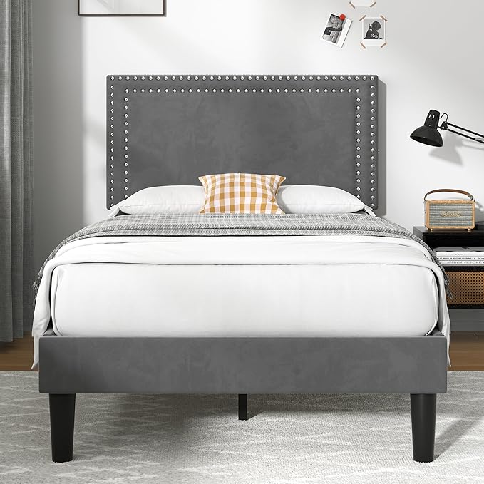 VECELO Twin Size Platform Bed Frame with Adjustable Upholstered Headboard, Strong Wood Slat Support, No Box Spring Needed, Easy Assembly