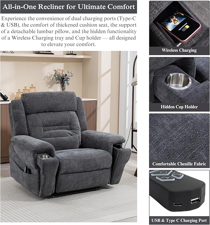 Big Man Power Lift Recliner for Elderly Adults 28 Inch Wide Seat, Lay Flat Lift Chair with Heat Massage, Cup Holder & Wireless Phone Charger, USB Type C Charging, Big Tall 400 lbs