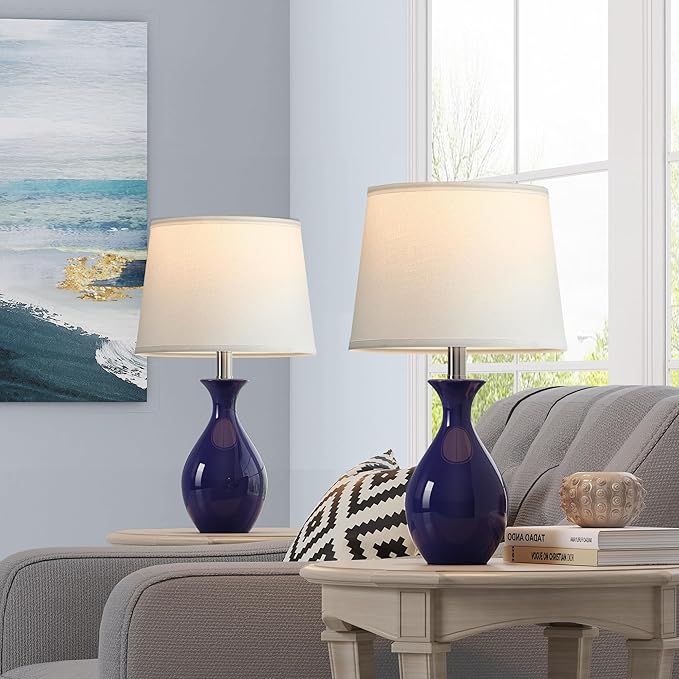 PARTPHONER Table Lamp Set of 2, Modern Ceramic Bedside Lamps for Night Stands, Classic Small Lamp Nightstand Lamp for Bedroom Living Room Desk End Table Rocker Navy Blue