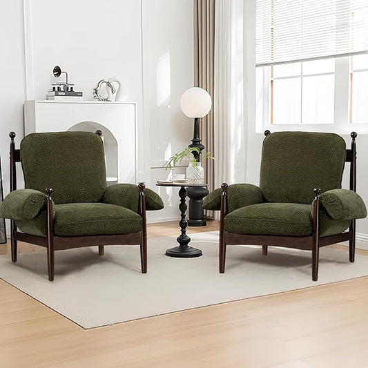 Mid Century Modern Accent Chair with Arms, Upholstered Spindle Chair with Wood Frame, High-Resilience Sponge Cushion for Living Room Bedroom Office