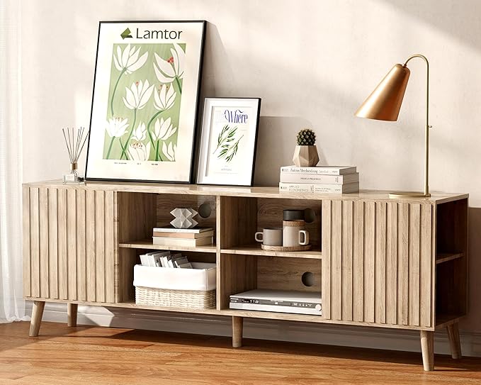 Mid-Century Modern TV-Stand - Fluted TV Stand for 80 75 65Inch TV, Entertainment Center with Storage, Media Console with Adjustable Shelves for Living Room, Oak