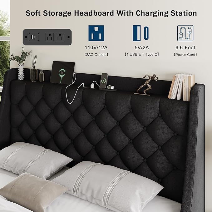Full Size Bed Frame with 4 Storage Drawers, Giant Upholstered Wingback Headboard, Fast Charging Station, No Box Spring Needed, Noise-Free, Black