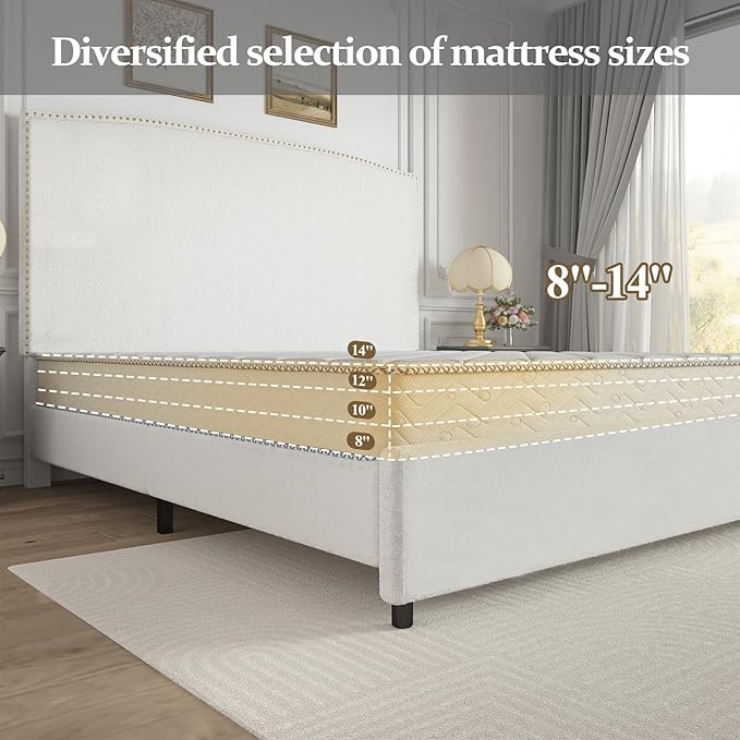 Full Bed Frame, Full Size Upholstered Platform Bed Frame with 56" Headboard, Soft Boucle Fabric, Mid-Century Modern Design, No Box Spring Required, Easy Assembly, White