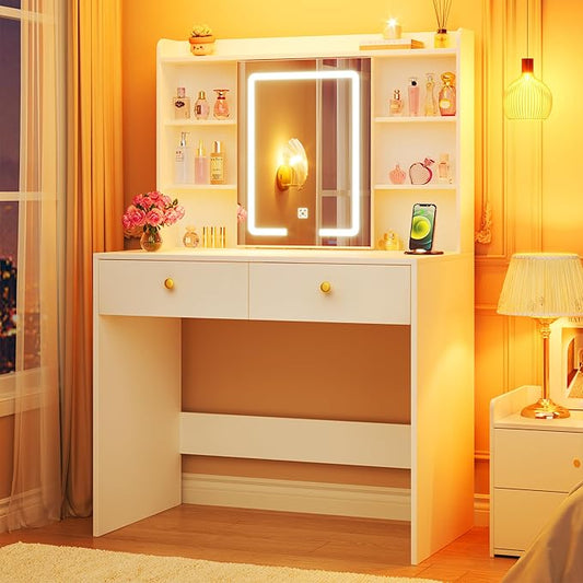 Vanity Desk with Mirror and Lights, 31" Makeup Vanity Desk with Lights 3 Colors, Small Vanity with 2 Storage Drawers & 6 Shelves for Girls Women Bedroom, White