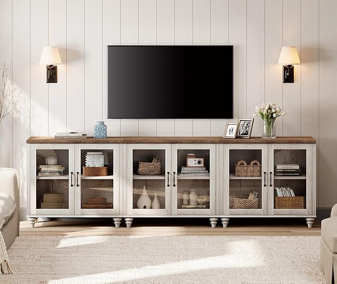 WAMPAT Farmhouse TV Stand for 100 Inch TV, Glass Wooden Universal TV Stand with 3 Storage Cabinets, Entertainment Center for 75/80/85/90 Inch TV, Console Table for Living Room, Bedroom, Rustic White