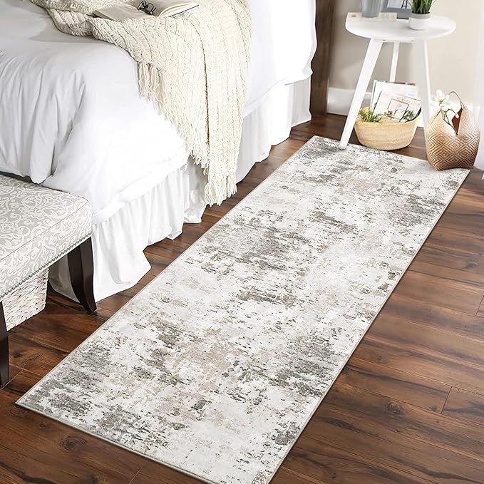 2x6 Modern Abstract Runner Rug Non Slip Soft Stain Resistant Low Pile Machine Washable Non Shed Rug for Hallway Kitchen Bathroom, Taupe/Beige