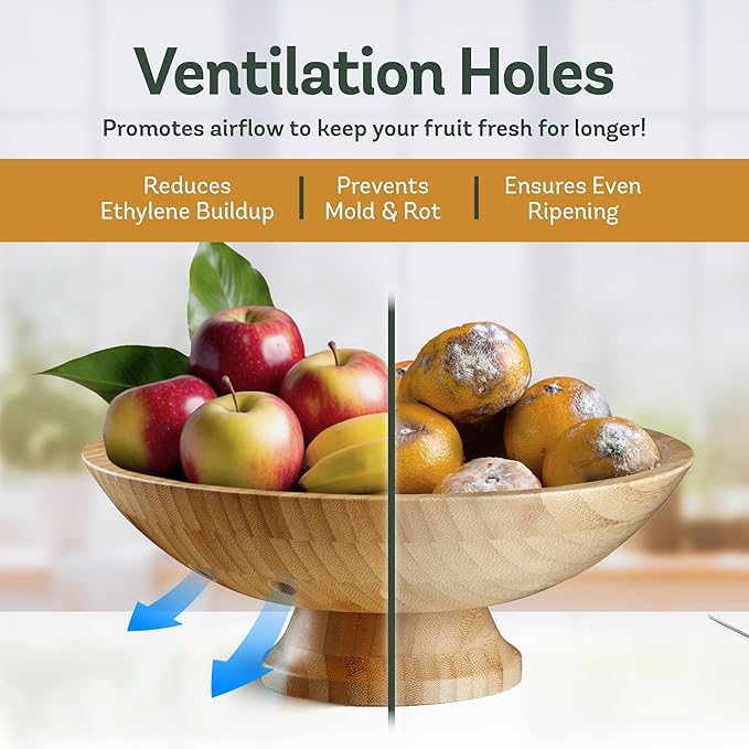 Fruit Basket Fruit Bowl for Kitchen Counter - Wooden Pedestal Bowl with Ventilation Holes, Decorative Bamboo Holder, Wooden Serving Frutero for Produce and Vegetable Storage, Wood Decorative Gift Idea
