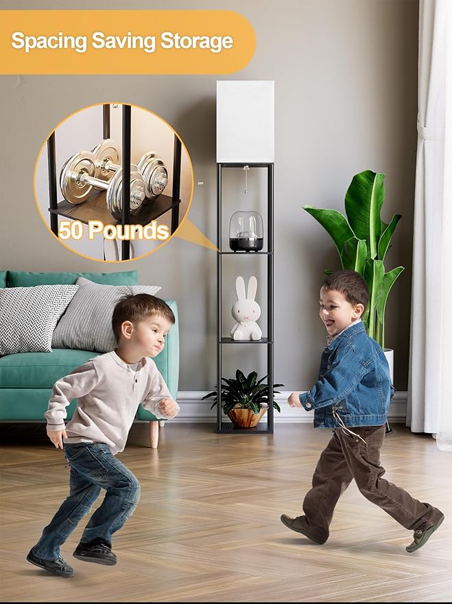 Floor Lamp with Shelves for Living Room 2 Pack, Shelf Floor Lamp with 3 CCT LED Bulb, Corner Display Standing Column Lamp Etagere Organizer Tower Nightstand with White Linen Shade for Bedroom, Office