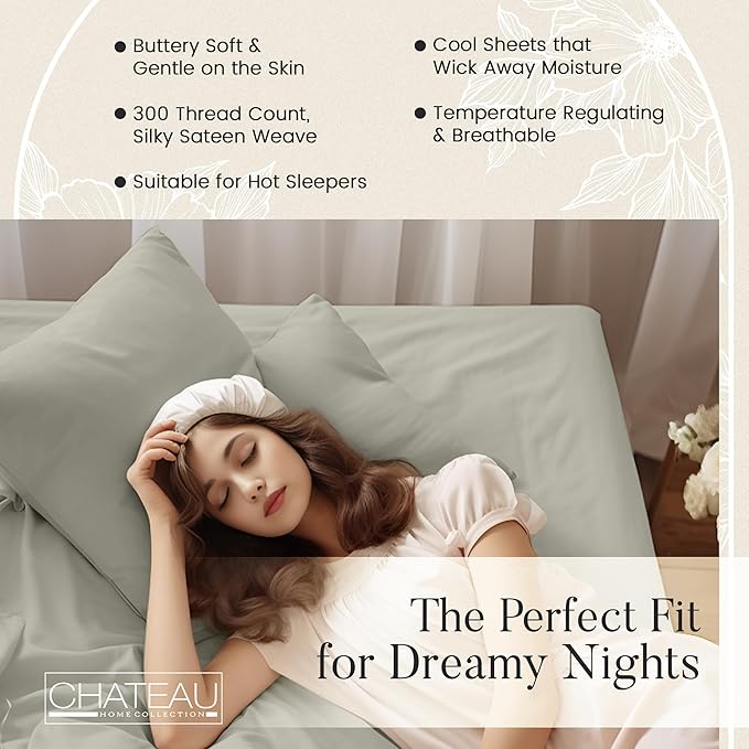 CHATEAU HOME COLLECTION 100% Organic Cotton Sheets Twin XL Size, Soft & Comfy Breathable 300 Thread Count Deep Pocket Sheets for All Seasons, Machine Washable No Pill Thick Cotton Bed Sheet - Sage