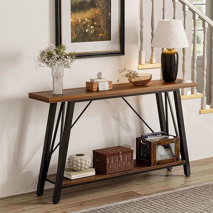 GAZHOME Console Table with Storage Shelf - Industrial Style Sofa Table Behind Couch for Living Room & Entryway, Rustic Brown,53.1 Inch