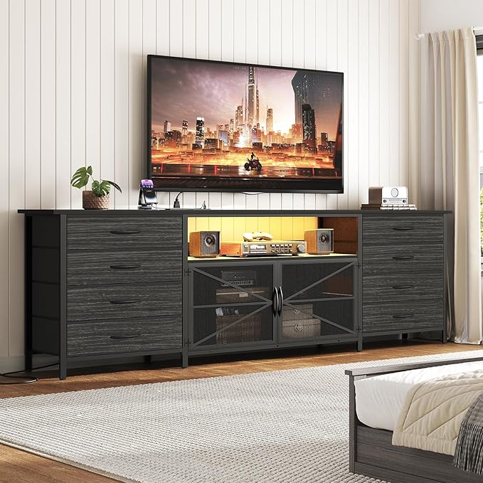 71" TV Stand Dresser for 85/80/75 Inch TV with Power Outlets and LED Lights, Long Dresser with 8 Fabric Drawers, Large Entertainment Center TV Console with Mesh Door for Bedroom, Black