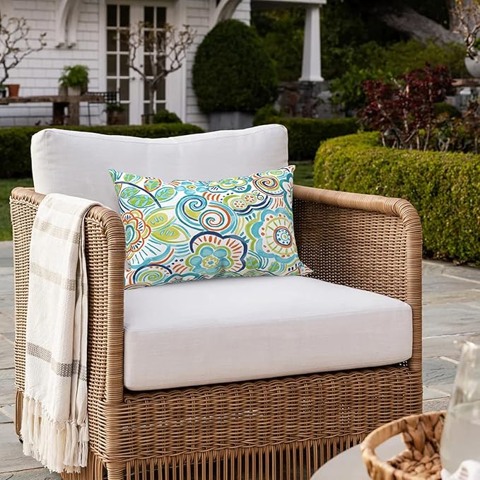 Pack of 2 Outdoor Lumbar Pillow Covers, All Weather Cushion Pillow Cases 12x20 Inch, Pillowcase for Patio Couch Decoration, Flower Blue