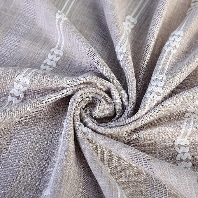 Linen Embroidery Striped Farmhouse Curtains for Living Room and Bedroom - Light Filtering Tassel Boho Drapes 2 Panels Set - Rod Pocket (52" W x 96" L, Khaki)