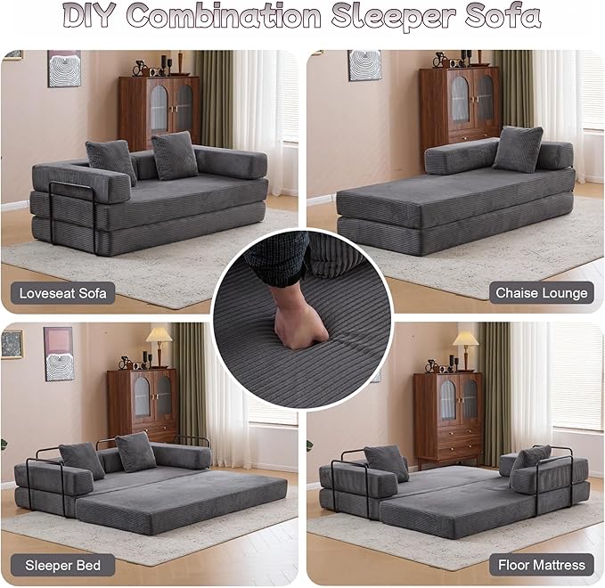 Convertible Sofa Bed, Compression Futon Sofa with Pillows & Armrest, Foldable Mattress Couch with Fixed-Shape Frame, Comfy Couch Lounge Sleeper Bed for Living Room Bedroom, Dark Gray