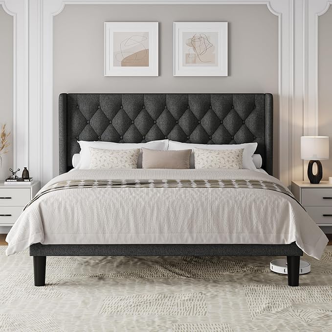 King Size Upholstered Bed Frame with Wingback Headboard, Fabric Linen Platform Bed, 8" Under Bed Storage, Wooden and Metal Slats Support, No Box Spring Needed, Noise Free, Dark Grey