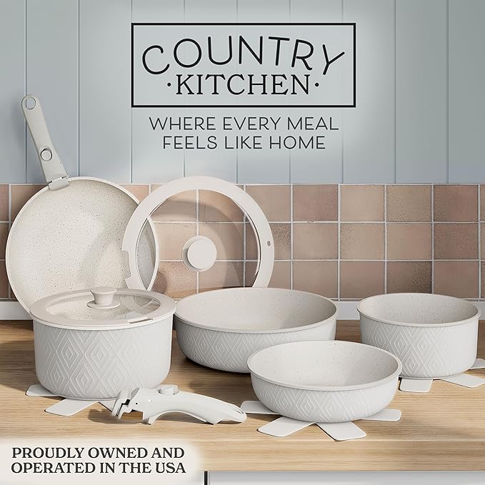Country Kitchen Cookware Set with Removable Handle, Oven & RV Safe Pots and Pans Set, Cream Rhombus, Original