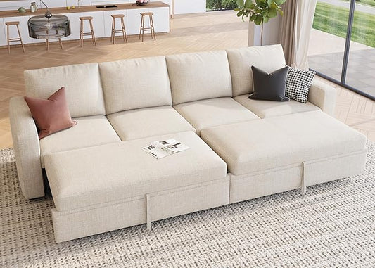 HONBAY Modular Sectional Sleeper Sofa Bed, with Pull Out Bed, Linen Convertible Sectional Couches for Living Room - Beige