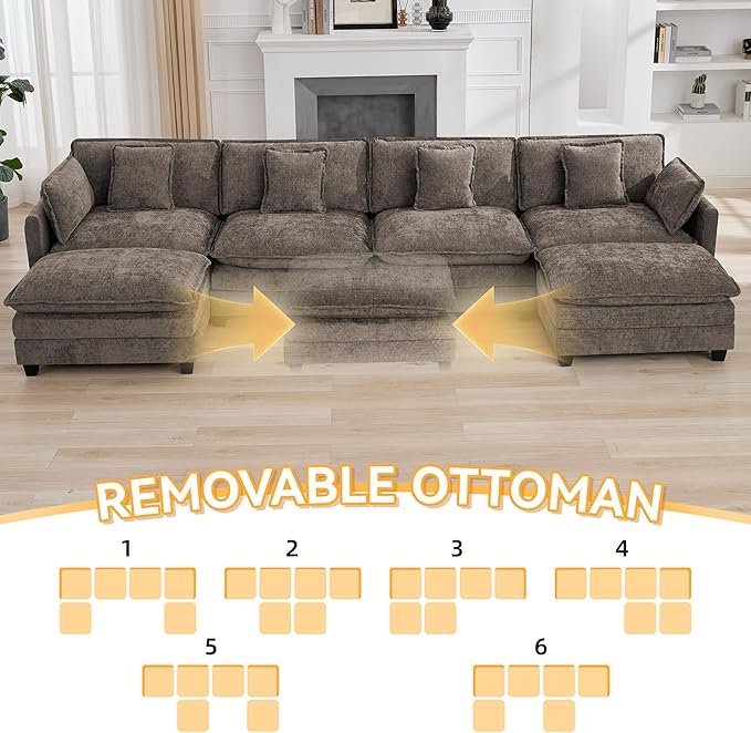 147'' Sectional Cloud Deep Seat Couch, Oversized Chenille U Shaped Sectional Sofa for Living Room Set, Comfy Upholstered Modular Sectional Sofa Couch with Movable Ottoman, Brown