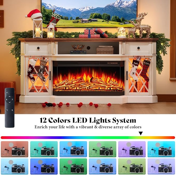 AMERLIFE 70" Bevel Farmhouse Fireplace TV Stand with 36" 3-Sided Glass Fireplace, LED Lights Entertainment Center Glass Doors & Drawers, Media Console Table Cabinet for Max 80" TV, Living Room, White