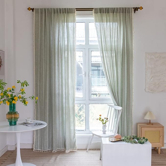 Boho Curtains Embroidery Striped Linen Curtains 96 Inches Long 2 Panels for Bedroom Sage Green Farmhouse Curtains Bohemian Light Filtering Window Curtains for Living Room( 52" W x 96" L,Sage Green)