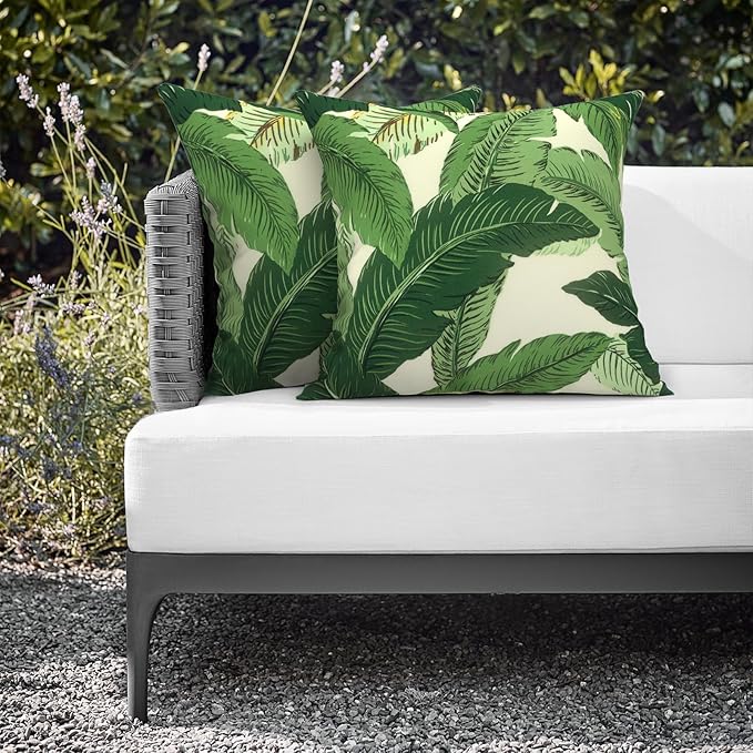 Outdoor Throw Pillows 16x16 Inch, Water Repellent Patio Pillows with Inners Set of 2, Outdoor Pillows for Patio Furniture Home Garden, Swaying Palms Green