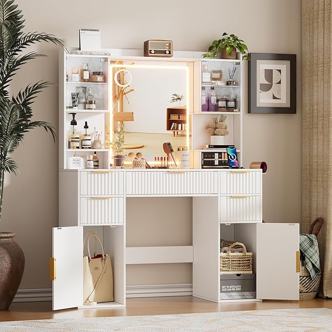 PAKASEPT Vanity Desk with Mirror and Lights, Fluted Makeup Vanity Desk with Lights 3 Colors, Glass Top Vanity with 16 RGB Colors Cabinet, 2 Shelves & 5 Drawers & Power Outlet