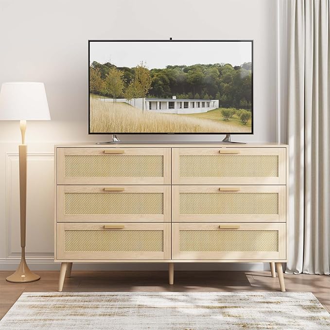 Rattan Dresser for Bedroom, Modern 6 Drawer Double Dresser with Gold Handles, 47" Wide Mid Century Modern Chest of Drawers with Sliding Drawers for Bedroom, Living Room or Hallway (Natural)