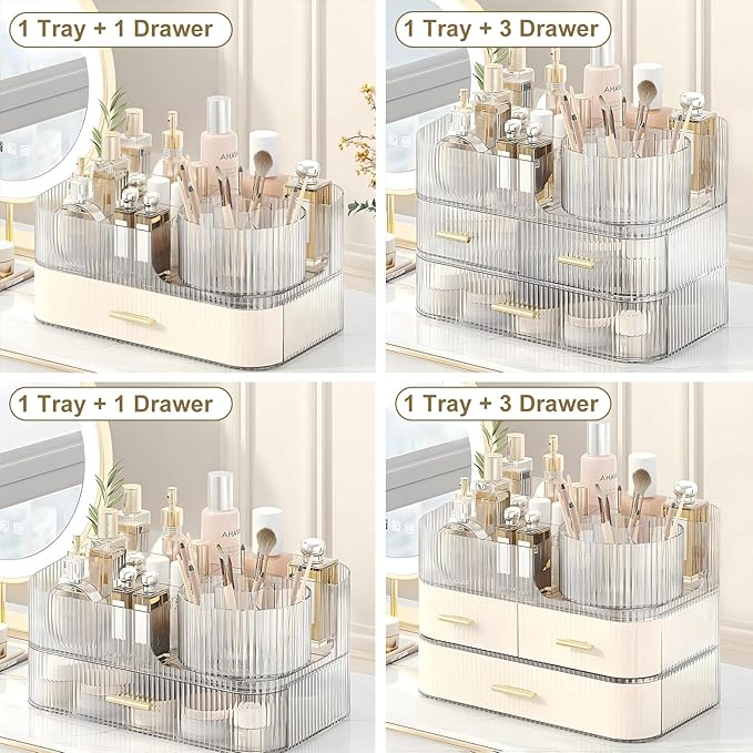 DASITON Makeup Organizer with Drawers and Rotating Makeup Brush Holder,Large Capacity Stackable Cosmetic Organizer Countertop,Bathroom Organizers and Storage,Make up Organizers for Vanity (Cream 03)