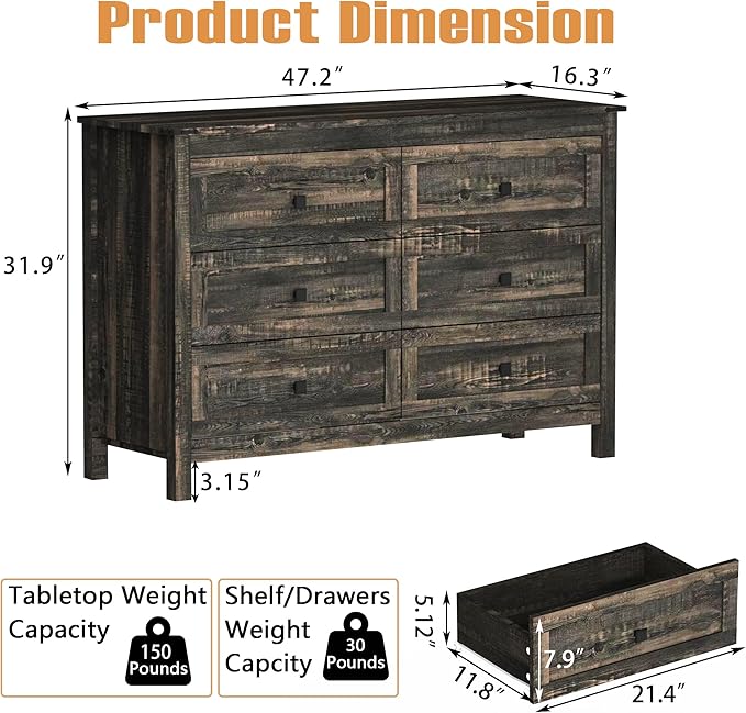 Farmhouse 6 Drawer Dresser & 2 Nightstand Set for Bedroom, Wood Dresser with Metal Handle for Bed Room, Hallway, Light Black Rustic Oak