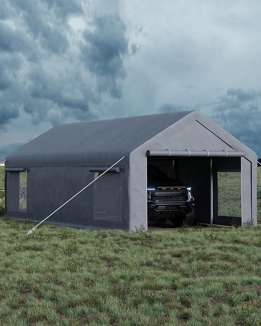 13x25 Ft Carport with 10 Sandbags, Car Port with 220g PE Tarp, 2 Roll-Up Doors, and 4 Windows, for Full-Size Pickups, Bass Boats, Tractors, and SUVs, Gray