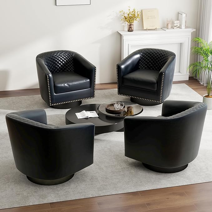 Swivel Barrel Accent Chair, Comfy Modern Upholstered Round Faux Leather Arm Chair for Living Room, Bedroom（Black, Set of 4
