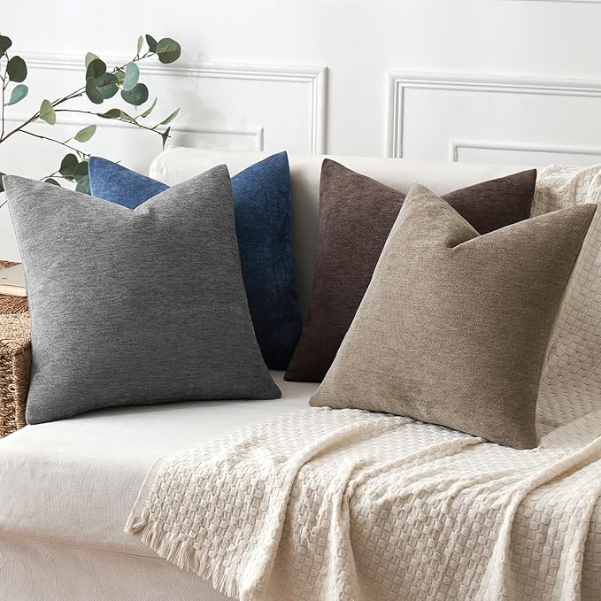 MIULEE Pack of 2 Dark Gray Decorative Pillow Covers 18x18 Inch Soft Chenille Couch Throw Pillows Farmhouse Cushion Covers for Home Decor Sofa Bedroom Living Room