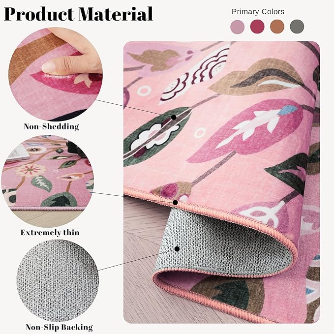 Door Mat Indoor Entrance 2x3 Rug Floral Tree Machine Washable Small Area Rug Bohemian Non-Slip Low Pile Throw Rugs for Entryway, Kitchen, Front Door Indoor Entrance, Entry, Kids Room, Pink