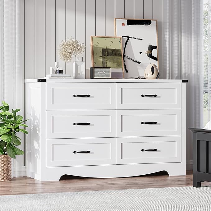 6-Drawer Dresser for Bedroom – 47" Wide Modern Wooden Chest with Natural Wood Texture, TV Stand & Storage, Metal Corner Brackets, Wood Drawer Organizer for Living Room, Hallway