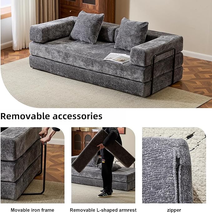 Convertible Sofa Bed, Compression Futon Sofa with Pillows & Armrest, Foldable Mattress Couch with Fixed-Shape Frame, Comfy Couch Lounge Sleeper Bed for Living Room Bedroom, Dark Gray