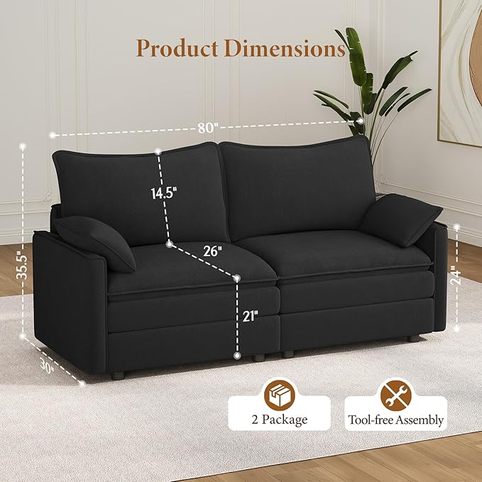 Vesgantti 74" Loveseat Sofa for Living Room, Comfy Cloud Couch Deep Seat Chenille Modern 2 Seater Small Sofa with Armrest Pillow, Easy Assembly for Small Spaces, Black