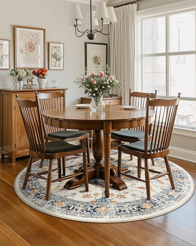 Area Rugs 6ft Washable Non-Slip, Floral Vintage Distress Print Pattern Medallion Carpet for Living Room Bedroom Dining Room, Beige Navy Blue Orange Colorful