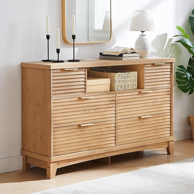 AOGLLATI Black Dresser for Bedroom with Slanted Louvre Design,Retro Chest of Drawers with Charging Station, Wooden Wide Led 6 Drawer Dresser for Bedroom,Living Room, Hallway, Wood