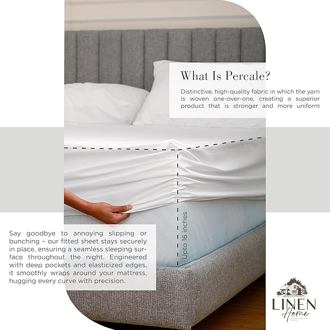 Linen Home 100% Cotton Percale Sheet Set Pack of 2, Queen Size, White, Deep Pocket, 8 Pieces Set - 2 Flat, 2 Deep Pocket Fitted Sheet and 4 Pillowcases, Crisp Cool and Strong Bed Linen