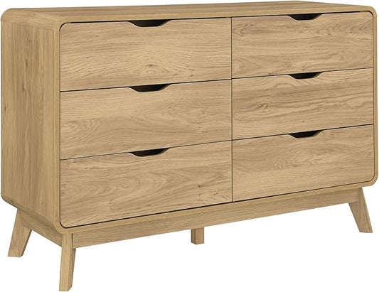 Meadow 6 Drawer Dresser for Bedroom, 47.2″ W Modern Wide Chest of Drawers, Wood Storage Organizer for Clothes, Entryway, Hallway, Nursery or Living Room, Oak