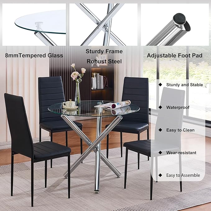 5-Piece Round Glass Dining Table Set for 4 Modern Kitchen Table with 4 Dining Chairs Set Round Circle Table and PU Upholstered Chairs Set for Small Space (Silver Black, 5 Pieces Set)