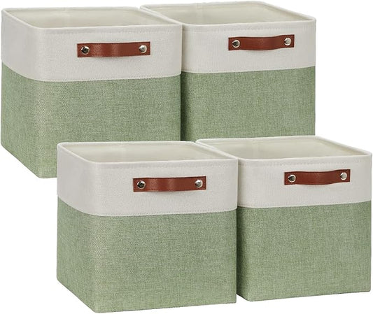 DULLEMELO Storage Baskets for Organizing, Fabric Storage Cubes for Dog Toy Box, 11 Inch Decorative Cube Storage Bins with handle for Baby Gift Basket(4 Pack - 11" White&Green)