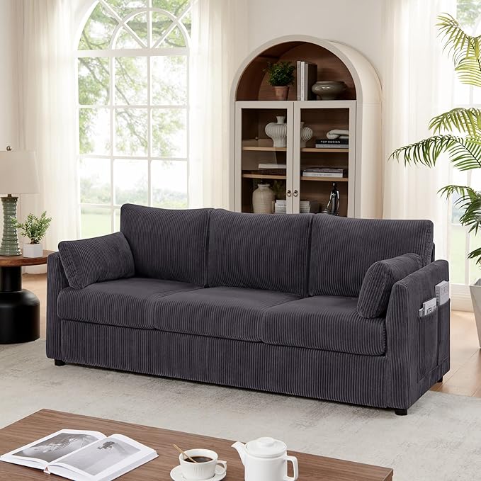 79 inch Sofa for Living Room,Mid Century Modern Couch with Big Pockets, Corduroy Couch with Three Cushions and Solid Wood Frame for Apartment and Small Spaces (Grey, Sofa)