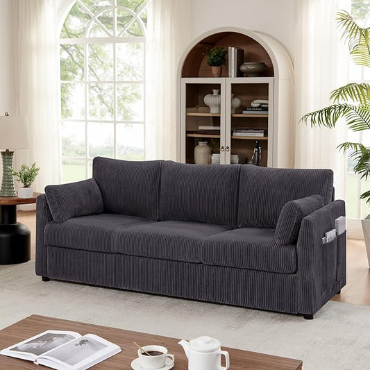 79 inch Sofa for Living Room,Mid Century Modern Couch with Big Pockets, Corduroy Couch with Three Cushions and Solid Wood Frame for Apartment and Small Spaces (Grey, Sofa)
