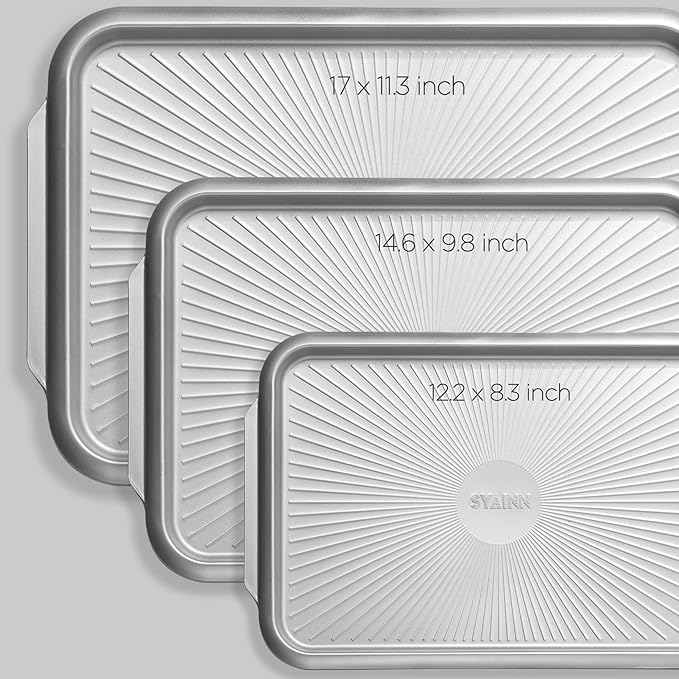 SYAINN Non-stick Ceramic Baking Sheet Set, Pack of 3 - Aluminum Steel Cookie Sheets for Baking - Includes Half/Quarter/Jelly Roll Pans - Warp Resistant, Toxic, PTFE & PFOA Free - Sliver