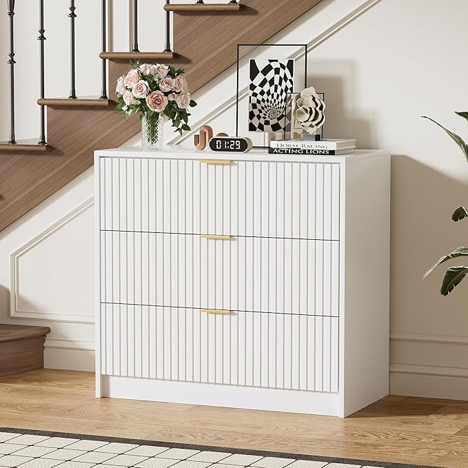 White Dresser for Bedroom, Modern Dresser with 3 Drawers and Smooth Slides, Wide Chest of Drawers with Golden Handles for Bedroom, Living Room, Closet, 15.7" D x 31.5" W x 29.6" H