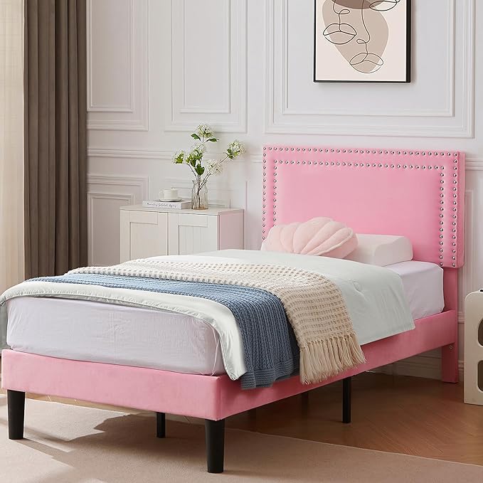 VECELO Twin Size Platform Bed Frame with Height Adjustable Upholstered Headboard, Modern Mattress Foundation,Strong Wood Slat Support, No Box Spring Needed, Easy Assembly